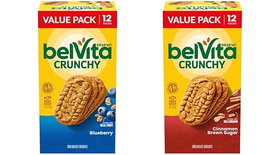 belVita Breakfast Biscuits Variety Pack، Blueberry and Cinnamon Brown Sugar، Value Pack، 24 Total Packs، 2 Boxes (4 Biscuits Per Pack)