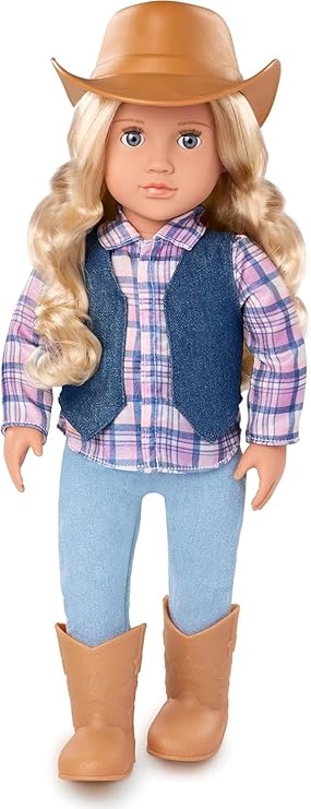Our Generation 18-inch Cowgirl Doll Lifelike Gray Eyes & Wavy Blonde Hair Cute Plaid and Denim-Style Western Outfit Cowboy Hat & Horseback Riding Boots Pretend Play