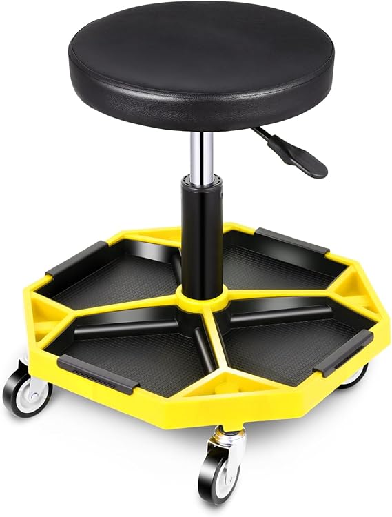 DNA Motoring Adjustable Height Pneumatic Garage Seat Rolling Mechanic Stool with Tool Tray Storage,300lbs Max Weight Capacity, Yellow, TOOLS-00480-YL