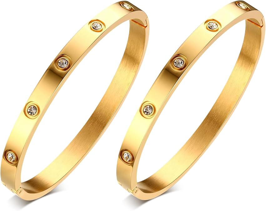 MPRAINBOW Gold Matching Bracelets for Couples - 2Pcs 18K Gold Plated Cubic Zirconia Bangle Relationship Friendship Trendy Jewelry, Stainless Steel Couple Bracelet for Women Men