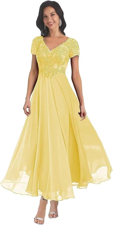Mother of Bride Dresses Tea Length - A Line Lace Applique Chiffon Short Sleeve V Neck Formal Evening Party Prom Gown