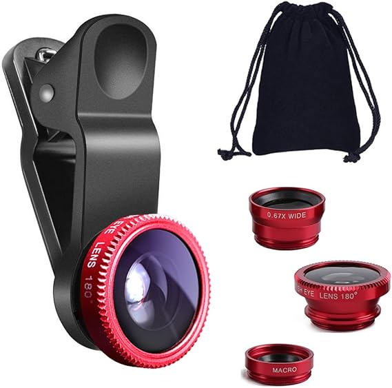 KINGMAS 3 in 1 Universal Fish Eye Lens و Macro Clip Lens Wide-Angle Camera Lens Kit for iPad iPhone Samsung Android ومعظم الهواتف الذكية (Red)