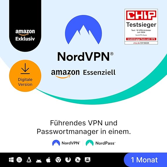 NordVPN Amazon Essential 10 devices 1 month VPN & password manager digital code