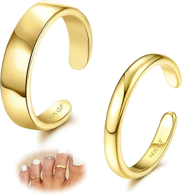 LOYALLOOK 14K Gold Filled Toe Rings for Women Non Tarnish Waterproof Hug CZ Simple Open Band Toe Rings Adjustable Toe Ring Summer Beach Foot Jewelry