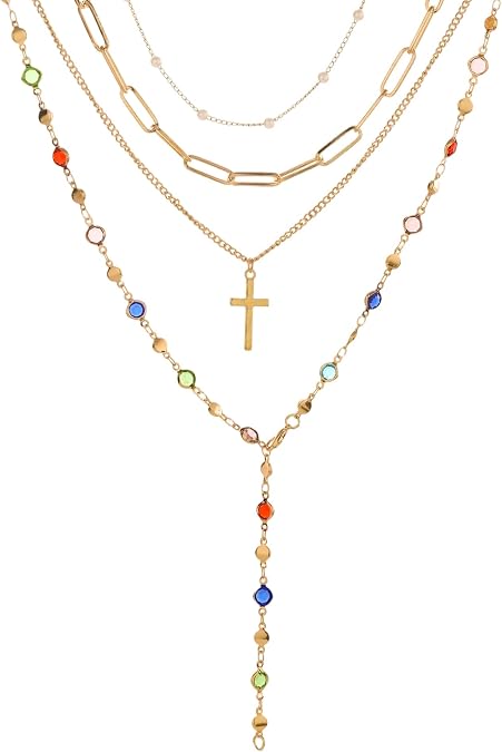 Layered Cross Necklaces for Women, Bohemian Gold Chain Y Long Pendant Necklace Set for Vintage Outfit Dresses
