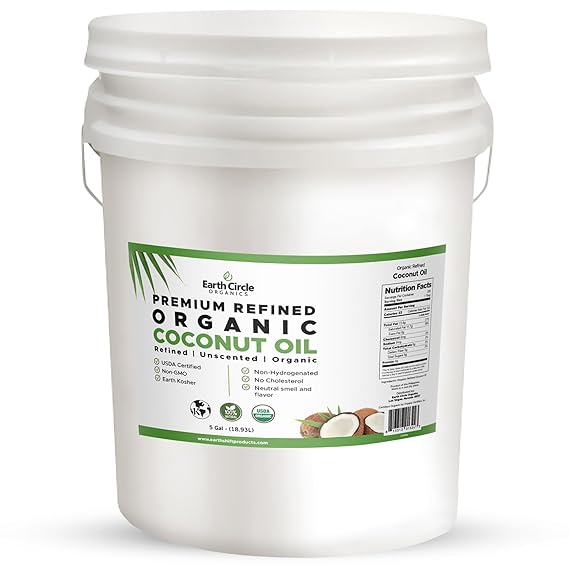 زيت جوز الهند المكرر من Earth Circle Organics - Ultra Premium Steam Refined، Keto & Paleo Friendly، طعم أو رائحة جوز الهند صفر - للعناية بالبشرة والشعر، الطبخ، القلي العميق، الخبز والمزيد - السائبة 5 جالون