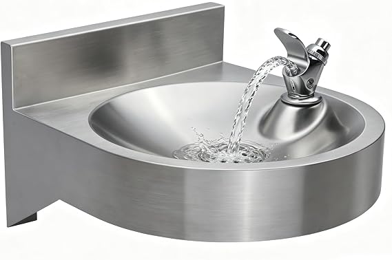 Wall Mounted Water Drinking Fountain with Faucet, 304 Stainless Steel Drinking Fountain Sink Compact 11-Inch Inner Bowl, Space-Saving Water Fountain Basin with Drain Pipe for Indoor/Outdoor Use