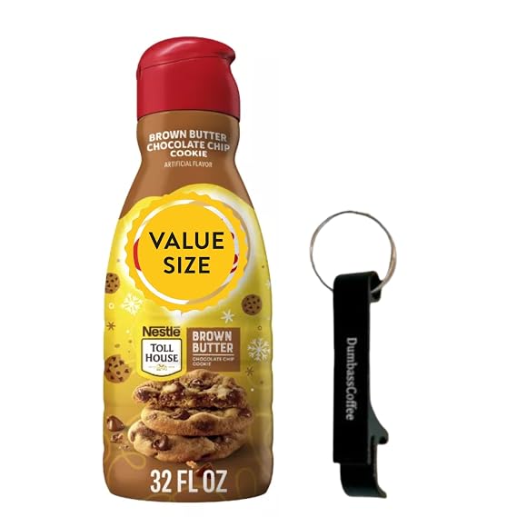 Premium Liquid Coffee Creamer, 32 fl oz Liquid Non-Dairy Creamer for Coffee with Dumbass Coffee Bottle Opener Keychain (Brown Butter Chocolate Chip Cookie) Keychain