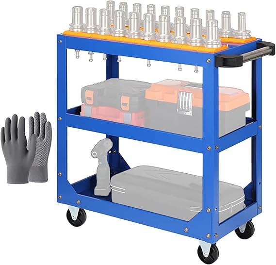 Rolling Tool Cart 3 Tier, CNC Tool Transfer cart, Mobile Tool Holder with Wheels, Large Capacity Tool Organizer Tool Trolley for Garage,Warehouse, CNC Machine Tools(C9 Middle Plate,BT40)