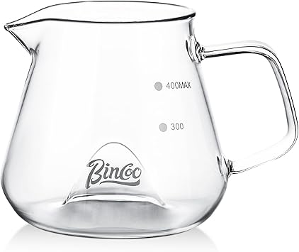 Bincoo Glass Coffee Server 400ml,Heat-Resistant Borosilicate Glass Coffee Carafe with Drip-Free Spout Clear Pitcher for Hot & Cold Beverages,Easy to Clean,Dishwasher SafeTransparent