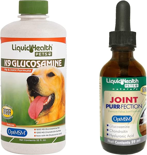 LIQUIDHEALTH Pets K9 Glucosamine Chondroitin Supplement للكلاب والجراء وJoint Purr-Fection Hip & Joint Glucosamine Drops للقطط والقطط الصغيرة - حزمة مكملات صحة الحيوانات الأليفة للتنقل، صنع في الولايات المتحدة الأمريكية