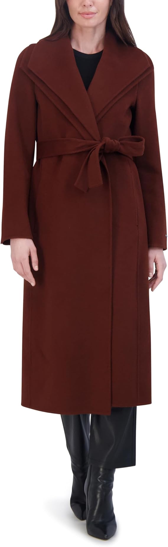TAHARI Women's Slim Fit Double-Faced Wool Blend Wrap Coat with Tie Belt Longline Silhouette