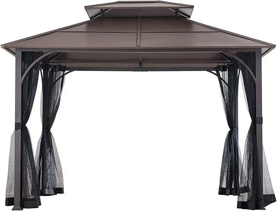 Sunjoy Hardtop Gazebo 10 x 12 ft. إطار من الصلب الثقيل في الهواء الطلق ، شرفة معدنية مزدوجة مع خطاف سقف وشبكة شبكية ، بني