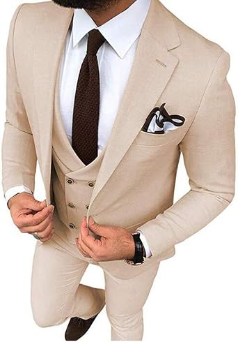 Sicily Men's Slim Fit Beige 3 Pieces Business Suit Prom Tuxedos Wedding Party Suits, 34