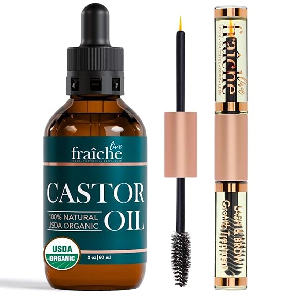 Live Fraiche Organic Castor Oil Lash Serum for Hair Growth, Eyebrow Eyelash Growth Serum, 100% Pure Cold Pressed Hexane Free (2oz Glass Bottle + FILLED Mascara Tube)