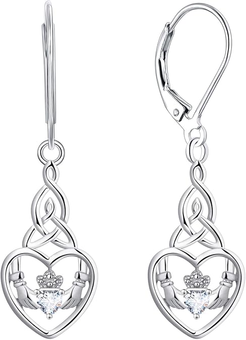 أقراط JO WISDOM للسيدات ، 925 فضة سلتية أيرلندية Claddagh Love Heart Drop & Dangle Leverback Earrings with 5A Cubic Zirconia