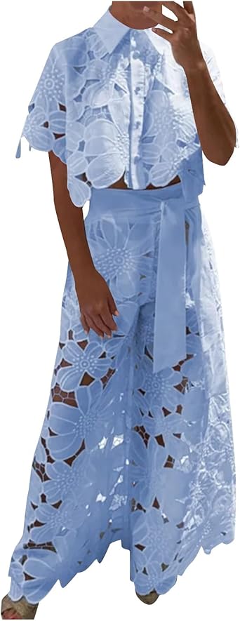 Womens Eyelet Lace Two Piece Outfits Floral Embroidery Shirts Short Sleeve Blouse Tops Wide Leg Pants Matching Sets