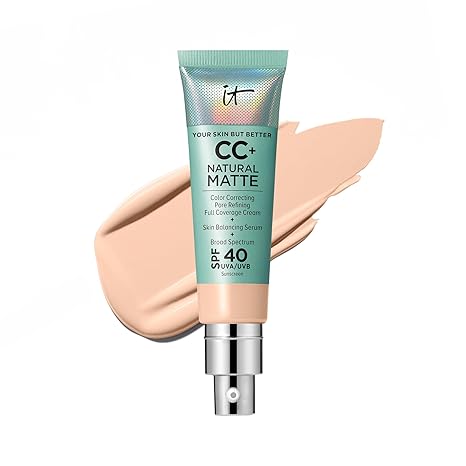 كريم CC+ الطبيعي غير اللامع من IT Cosmetics بعامل حماية من الشمس 40 - مصحح لون الأساس لتغطية كاملة، يتحكم في اللمعان لمدة 16 ساعة، ينقي المسام، يرطب لمدة 24 ساعة، غير كوميدوغينيك للبشرة الدهنية والناضجة - 1.08 أونصة سائلة