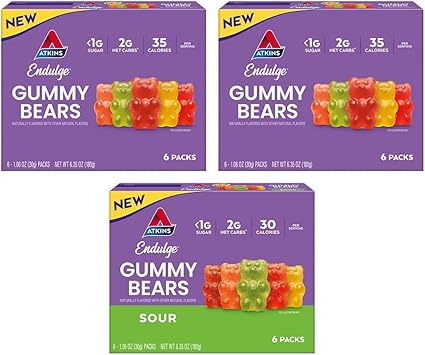 مجموعة متنوعة من حلوى Atkins Endulge Gummy Bears، منخفضة السكر، صديقة لنظام الكيتو الغذائي، 18 عبوة (12 حلوى حلوة، 6 حلوى حامضة)