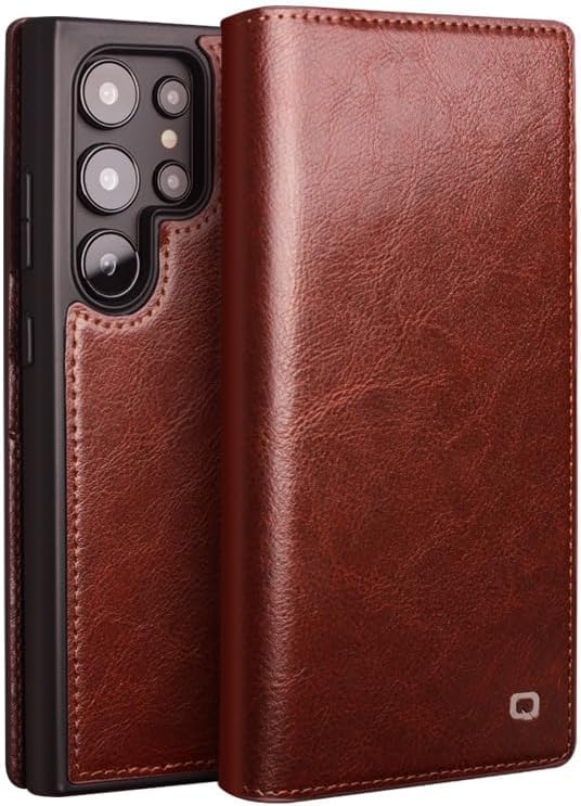 QIALINO for Samsung Galaxy S25 Ultra Wallet Case,Handmade Luxury Genuine Leather Fashion Business Classic Flip Case with [Card Slots] [Kickstand] [Durable Frame] for Samsung Galaxy S25 Ultra (Brown)
