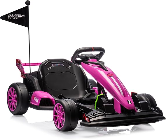 24V Electric Go Kart for Kids, Electric Drift Kart Outdoor Race Car, Ride on Toy Drifting Car with 2x200w Motors, 7.5 Mph Speed, Length Adjustment (Pink)