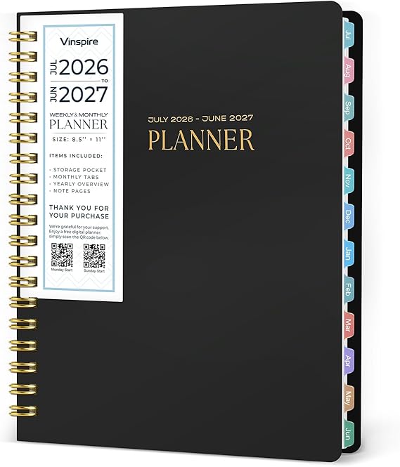 Vinspire 2026 Planner - Yearly, Monthly, and Weekly Planner 2026-2027 for Teachers & Students - Spiral US Academic Year Student Calendar Planners with Notes Pages 2026 Planner Weekly and Monthly - Large (Black, 8.5"11")