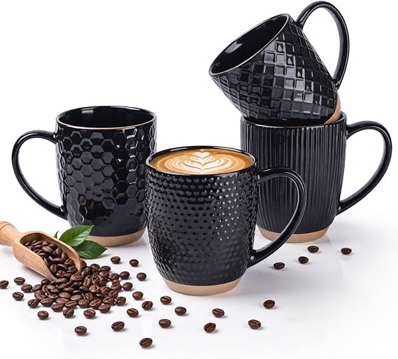 GBhome Large Coffee Mugs Set of 4, 16oz Handmade Embossed Coffee Mugs Set with Large Handle for Cappuccino/Latte/Tea/Hot Cocoa, Dishwasher & Microwave Safe, Black