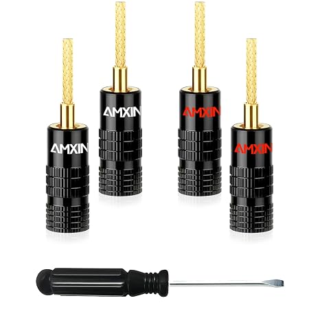 Banana Plug Connectors (2 Pairs, 4 Pieces), Flex Pin Closed Screw, 24K Gold Plated Speaker Banana Plugs for Spring-Loaded Jack Terminals, Support 12 AWG to 18 AWG Wires
