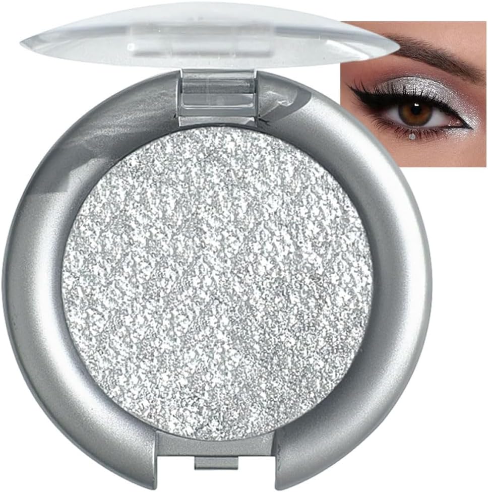 Champagne Silver Single Eyeshadow, Metal Diamond Shining Eye Make Up, Grey Glitter Pressed Powder Palette, Waterproof, Shimmer Blendable Eyes Shadow for Festival Party