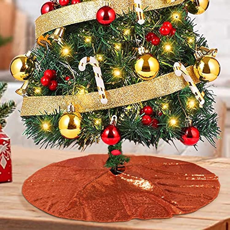 ShinyBeauty Mini Tree Skirt 24Inch Orange Sequin Tree Skirts Christmas Tree Cover Cross Stitch Kits Halloween Party Decor for Slim Trees