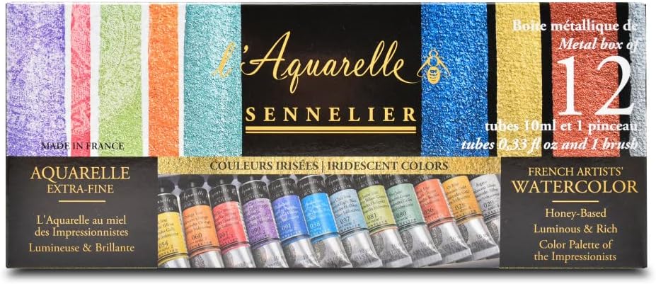 Sennelier French Artists Watercolor Set، 10ml Tubes، 12-Color Iridescent Tin Set