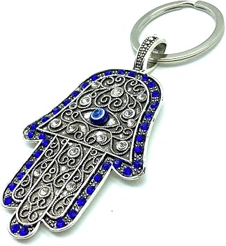 LuckyEye 1027 Silver Hamsa Hand Keychain و Blue Evil Eye Charm with Crystals