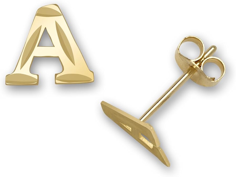 Jewelryweb - Solid 14k Yellow Gold Small Diamond-cut Initial Stud Earrings - 6mm - Personalized Gifts for Women - Cartilage Piercing Earrings Initial: A