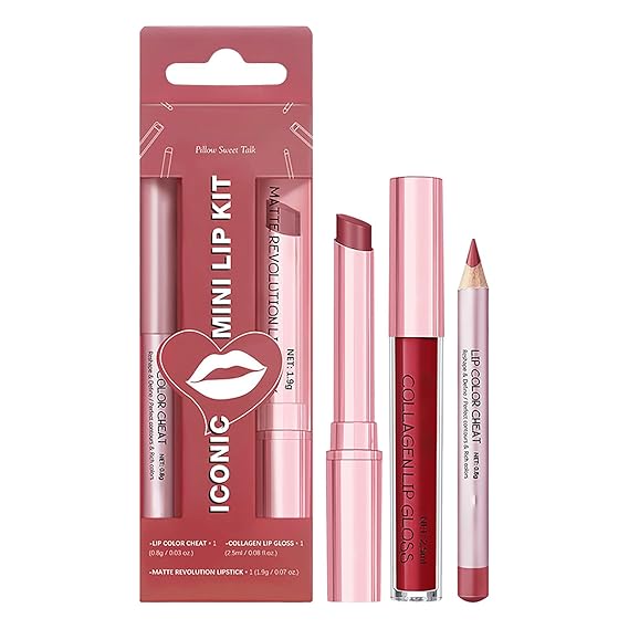 Lipstick Lip Gloss and Lip Liner Pencil Set Long Lasting Non Stick Cup Makeup Kits Smooth Lipgloss (A02)