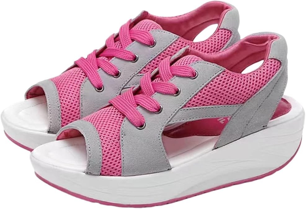 Womens Platform Sandals Contrast Paneled Cutout Lace-Up Open Toe Sandals Comfortable Mesh Adjustable Strappy Cushion Walking Outdoor Tennis Shoes