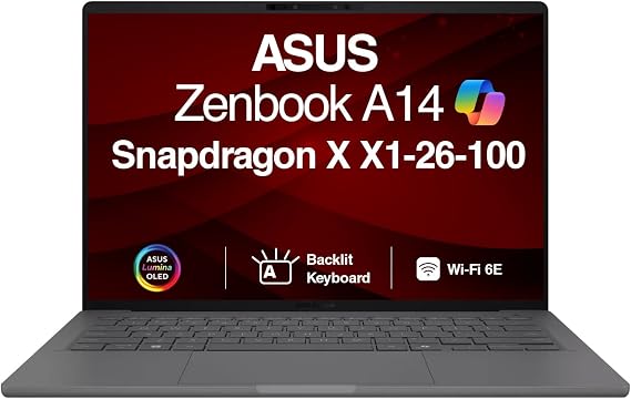 ASUS Zenbook A14 Iceland Gray Lightweight Laptop 14.0" OLED WUXGA Display (Qualcomm Snapdragon X X1-26-100, 32GB LPDDR5X, 2TB SSD, Adreno, Backlit KB, WiFi 6E, Webcam, Bluetooth 5.3, Win 11 Pro)