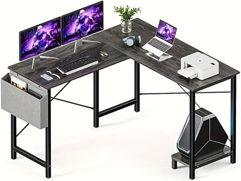 Corner Gaming Table Reversible,L-Shaped Computer Desk,Laptop Workstation with Storage Bag,Writing Desk Study Desks with Wooden Desktop for Home Office Room Small Space Gray
