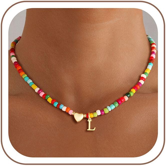 M MOOHAM Initial Necklace for Women Girls - Colorful Beaded Initial Necklace for Women 14K Gold Plated Heart Initial Choker Necklaces for Women Girls Jewelry, Letter A-Z Pendant Birthday Gifts