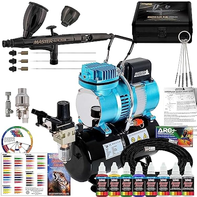 Master Airbrush Cool Runner II مجموعة ضاغط خزان الهواء بمروحة مزدوجة مع مجموعة Master Elite Plus Ultimate Airbrush مع 3 نصائح 0.2 و 0.3 و 0.5 مم ، وحافظة ، 2 كوب, 6 مجموعة طلاء أكريليك ملونة