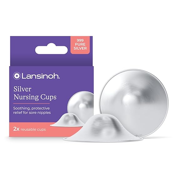 Lansinoh Silver Nursing Cups | 999 Pure Silver Reusable Nipple Shields for Breastfeeding | Worn Between Feeds for Soothing Protection of Sore Nipples, Regular Size