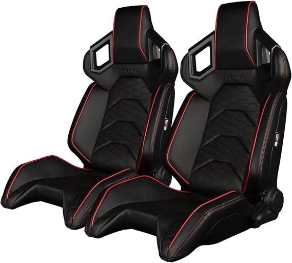 Braum - Pair of Black Leatherette ALPHA-X Series Racing Seats with Hexagon Laser Pattern and Red Piping (BRR5-BREM)