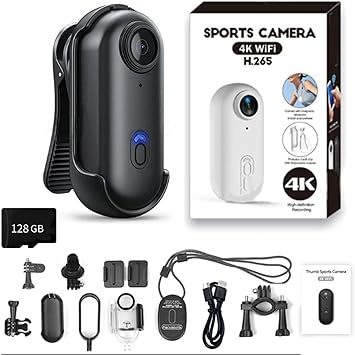 POV Camera, 4S Body Camera, 128G Storage, 4K Thumb Cameras, Mini Wearable Body Adventure Action Cameras with Magnetic & Clip Mount, 170 Wide Angle Black,4K