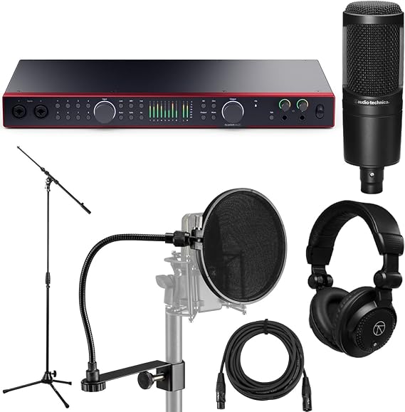 واجهة صوت USB من الجيل الرابع Focusrite Scarlett 18i20 مع مجموعة برامج، حزمة مع ميكروفون AT2020، سماعات رأس TAPH100، مرشح بوب، حامل ميكروفون ثلاثي القوائم، كابل XLR ذكر إلى أنثى مقاس 25 بوصة