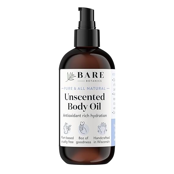 BARE BOTANICS 8 أونصة زيت مرطب غير معطر للجسم - نقي وطبيعي 100% للبشرة والأظافر - مثالي للترطيب - زيت شعر نباتي وخالي من القسوة ومعطر بشكل طبيعي