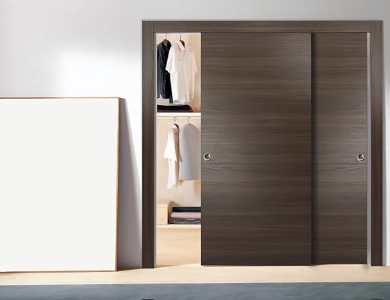 Sliding Closet Door SARTODOORS Planum 0010 Bypass Interior Doors, no Glass, Solid Wood, 36x80, Brown, Modern Style Hardware Included