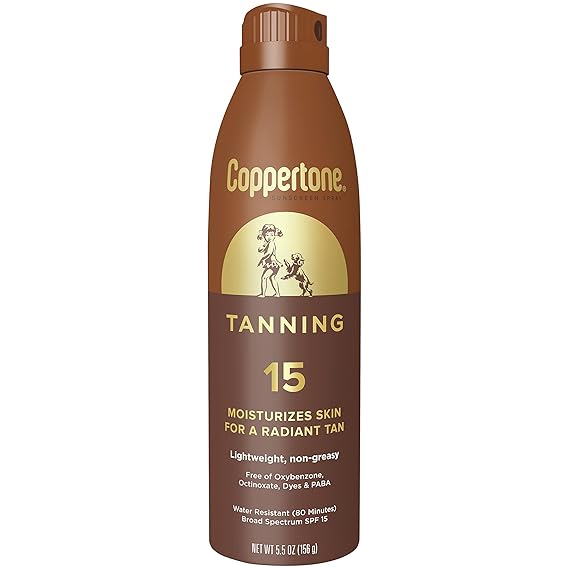بخاخ من واقي الشمس Coppertone Tanning مع طيف واسع SPF 15، واقي من الشمس مقاوم للماء، خفيف الوزن وغير دهني، 5.5 أونصة