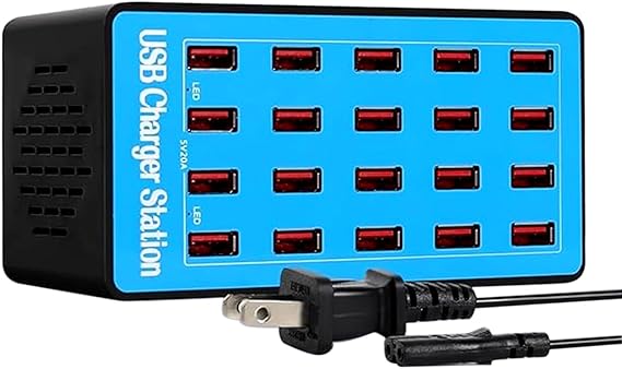 محطة شحن USB متعددة الأجهزة 100 واط 20 منفذًا - تدعم الشحن المتزامن للهواتف الذكية والأجهزة اللوحية والساعات الذكية والأجهزة الأخرى التي تعمل بالطاقة USB. (20 محطة شاحن الميناء الأزرق)