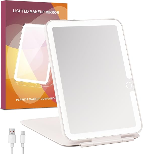 Portable Lighted Makeup Mirror,7x5 inch Rechargeable Travel Mirror with Light,3 Color Lighting Adjust Brightness,Tabletop Foldable LED Compact Mirror
