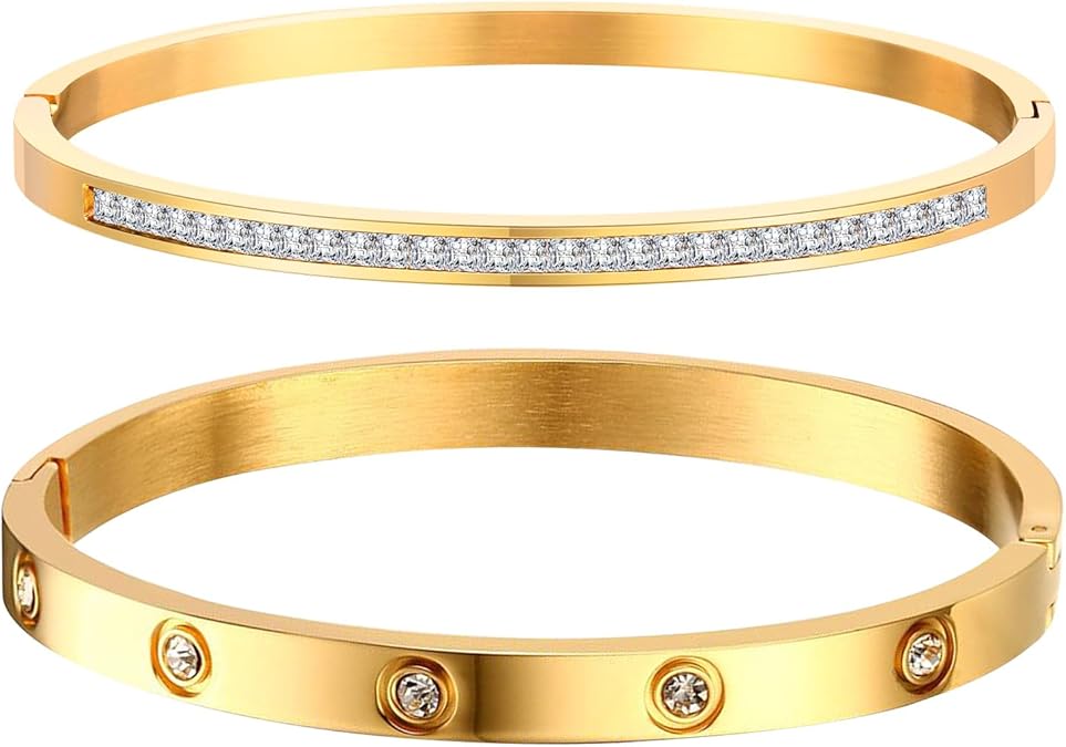 MPRAINBOW Gold Bracelets for Women, 2Pcs 18K Gold Plated Cubic Zirconia Bangle Crystal Friendship Bracelet Jewelry,Wedding Party Christmas Birthday Gift for Girlfriend Sister Daughter