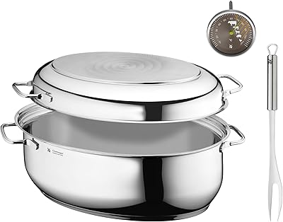 طبق تحميص WMF 41 × 28.5 × 18 سم مع ميزان حرارة تحميص وشوكة لحم ، 8.5 لتر مع غطاء تحريضي ، فولاذ كرومارجان غير القابل للصدأ ، فرن آمن